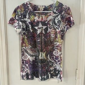 Love Rocks Women's Graphic Guitar Tee - With Raised Appliqué. Y2K Size XL